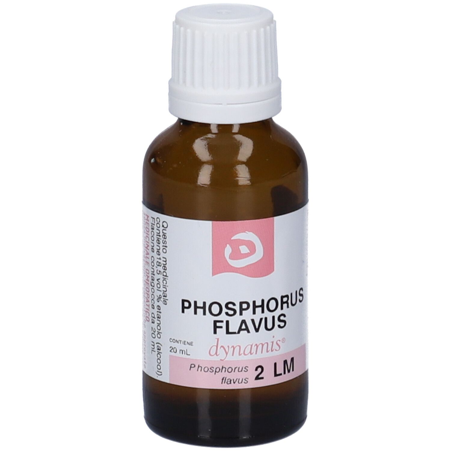 Flacone di vetro marrone con tappo bianco. Etichetta con nome del prodotto e logo. Contiene 20 ml di liquido.