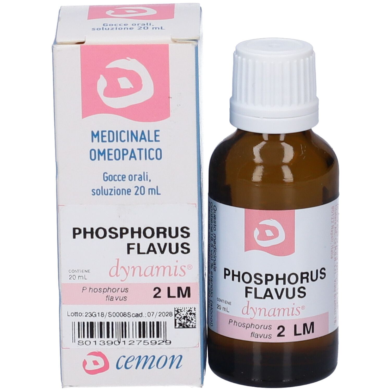 Flacone di vetro marrone e scatola. Flacone con tappo bianco, etichetta. Scatola con nome del prodotto e logo.