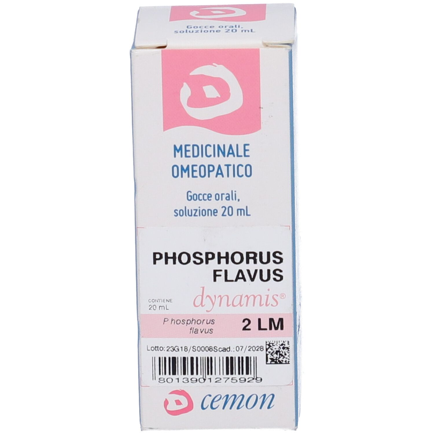 Scatola con informazioni sul prodotto. Contiene nome del prodotto, logo e testo. Contiene 20 ml di liquido.