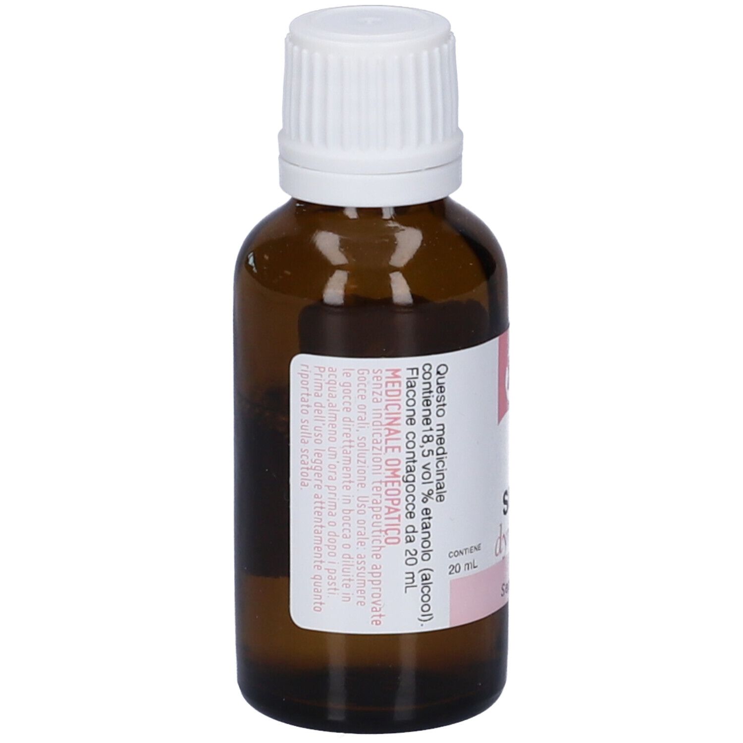 Flacone di vetro marrone con tappo bianco. Etichetta con testo e accenti rosa. Contiene 20 ml.