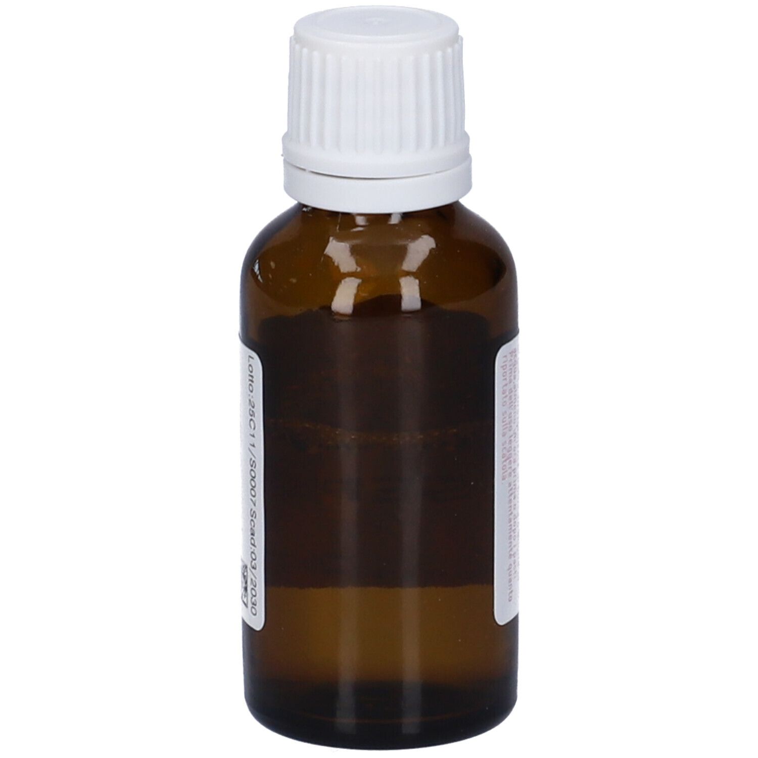 Flacone di vetro marrone con tappo bianco. Etichetta con testo. Contiene 20 ml.