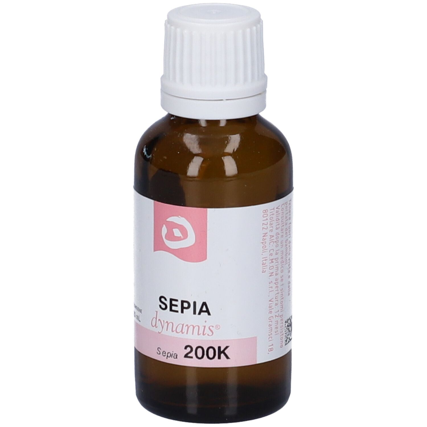 Flacone di vetro marrone con tappo bianco. Etichetta con testo e accenti rosa. Contiene 20 ml.