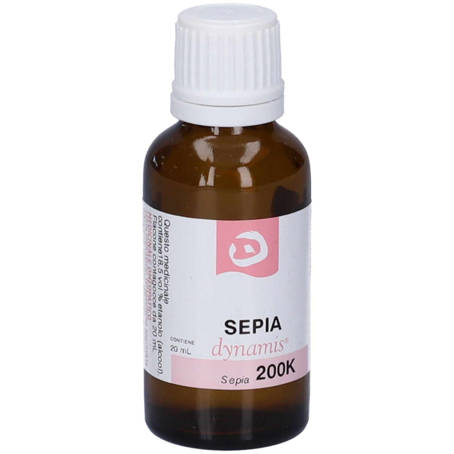 Flacone di vetro marrone con tappo bianco. Etichetta con testo e accenti rosa. Contiene 20 ml.