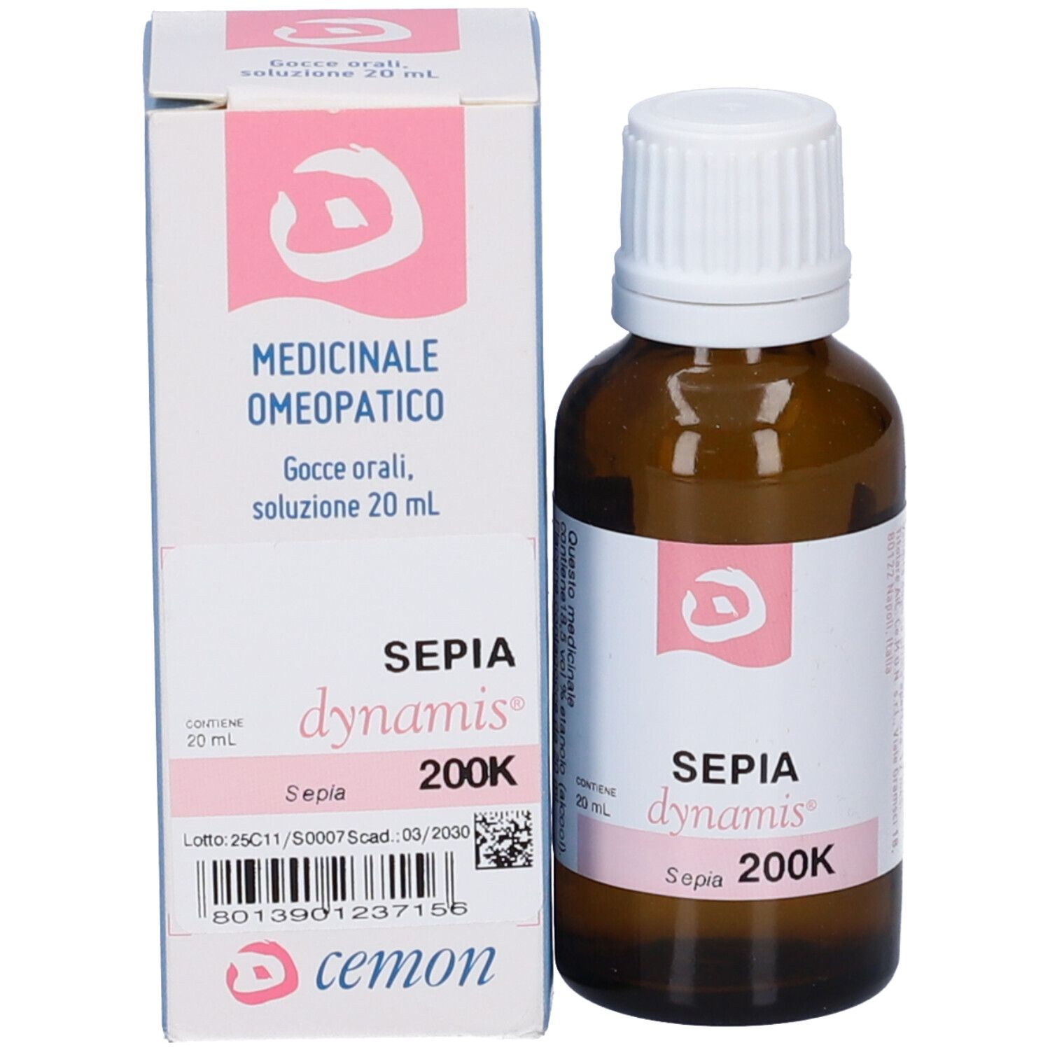 Flacone di vetro marrone con tappo bianco e scatola. Scatola con accenti rosa e testo. Contiene 20 ml.