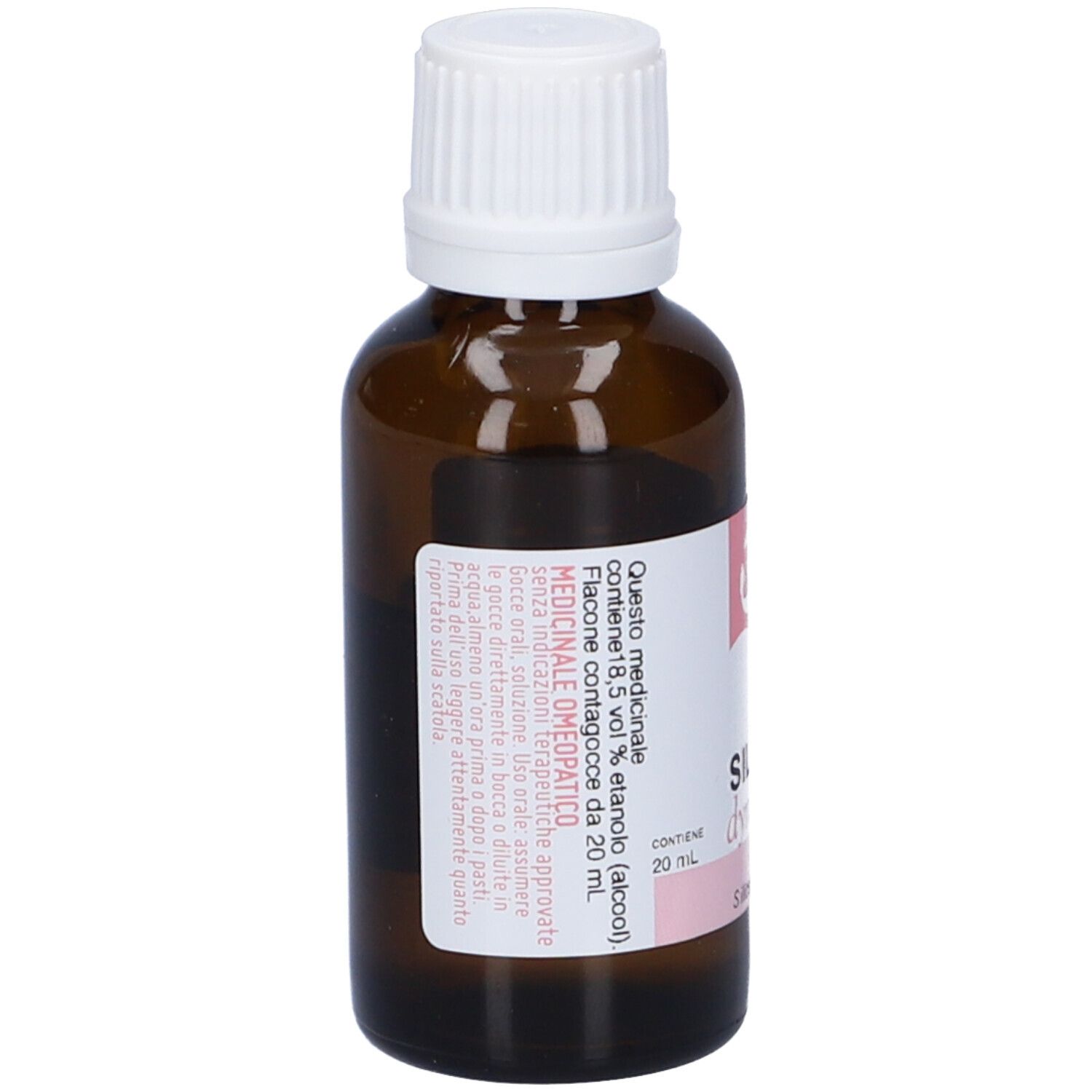 Flacone di vetro marrone con tappo bianco. Etichetta con testo. Contiene 8,5% vol. etanolo (alcool).