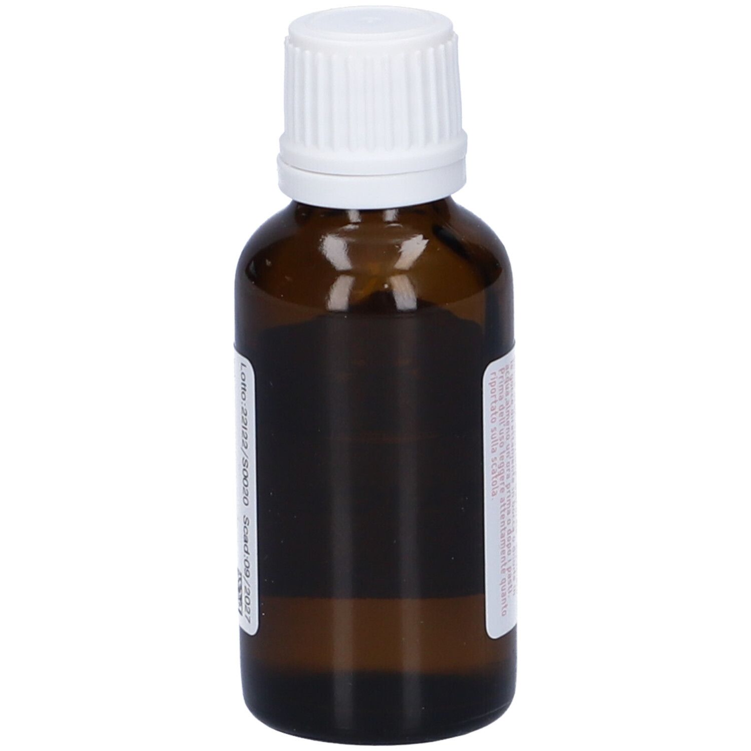 Flacone di vetro marrone con tappo bianco. Etichetta con testo. Numero di lotto e data di scadenza visibili.