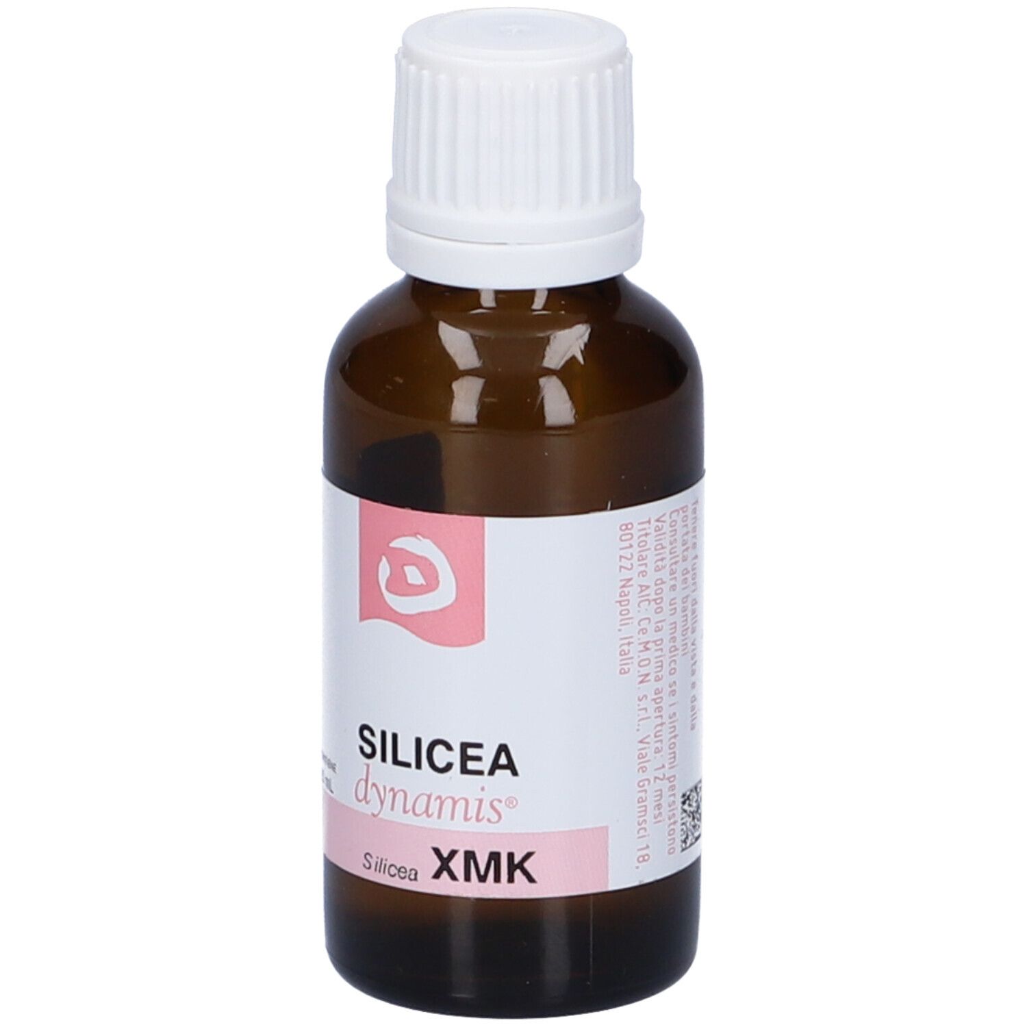 Flacone di vetro marrone con tappo bianco ed etichetta. L'etichetta riporta SILICEA dynamis XMK.
