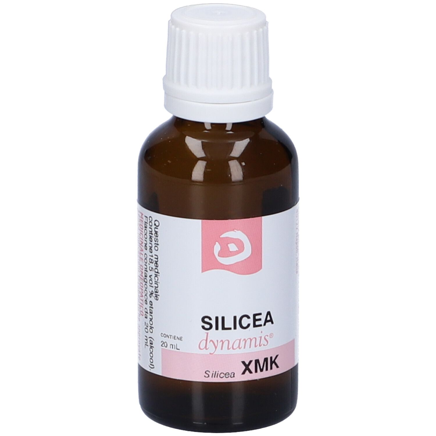 Flacone di vetro marrone con tappo bianco ed etichetta. L'etichetta riporta SILICEA dynamis XMK.
