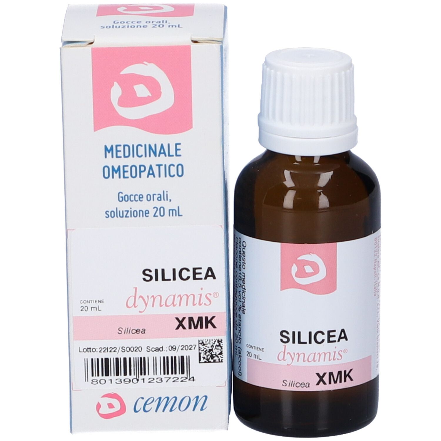 Confezione del prodotto con flacone. Sulla confezione è scritto MEDICINALE OMEOPATICO e SILICEA dynamis XMK.