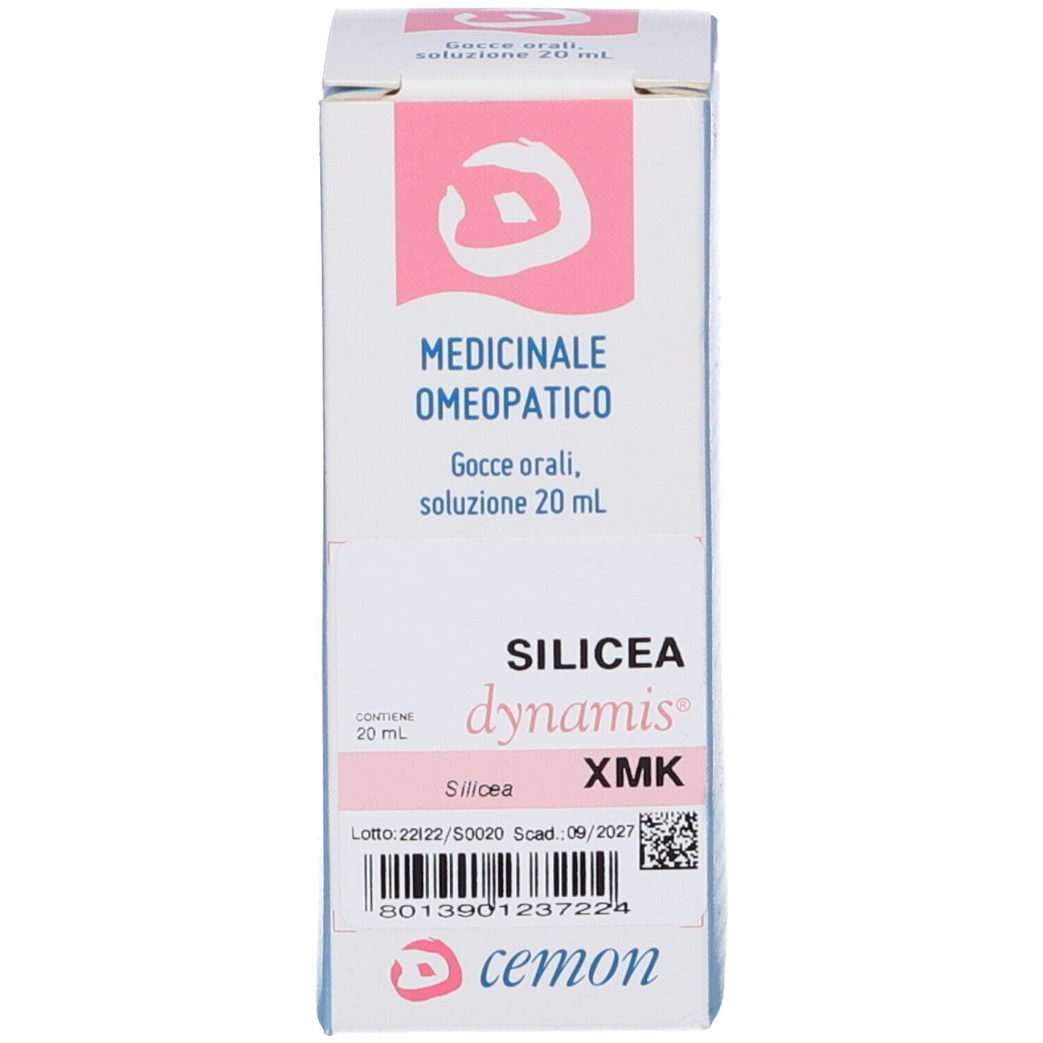 Confezione del prodotto. Sulla confezione è scritto MEDICINALE OMEOPATICO e SILICEA dynamis XMK.