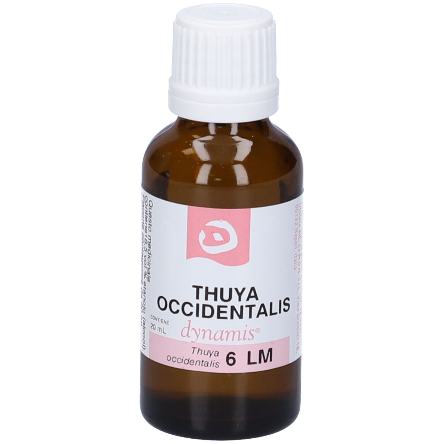 Flacone in vetro marrone con tappo bianco. Etichetta rosa con testo: Thuya occidentalis 6 LM.