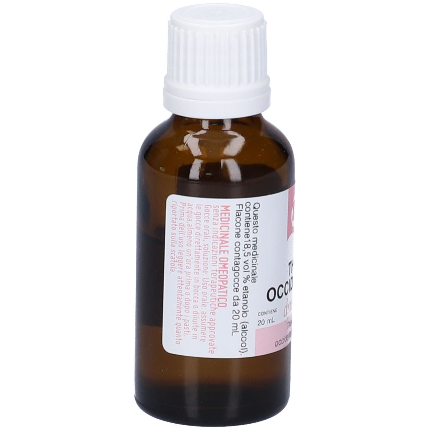 Flacone in vetro marrone con tappo bianco. Etichetta rosa con testo e informazioni.