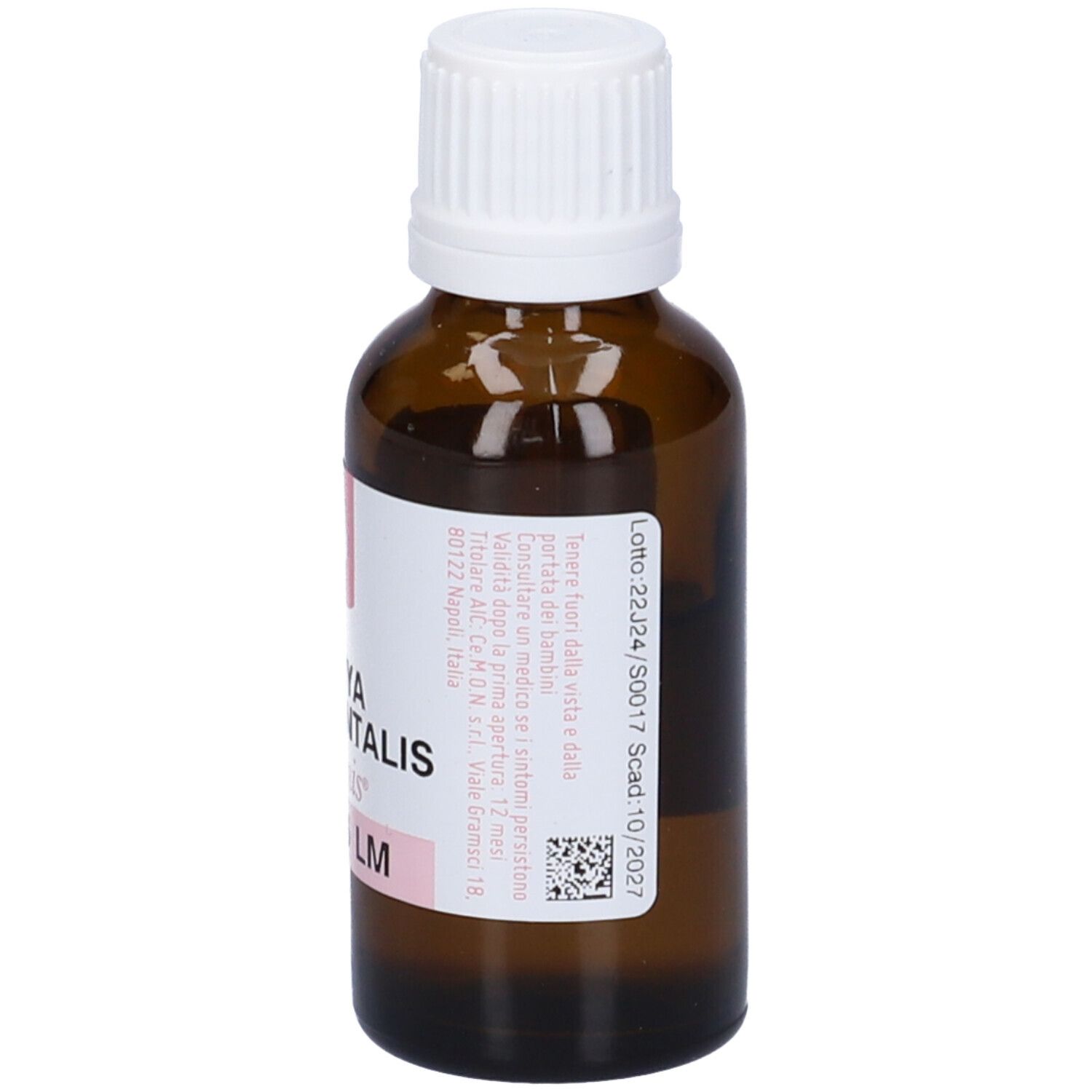 Flacone in vetro marrone con tappo bianco. Etichetta rosa con testo e informazioni.