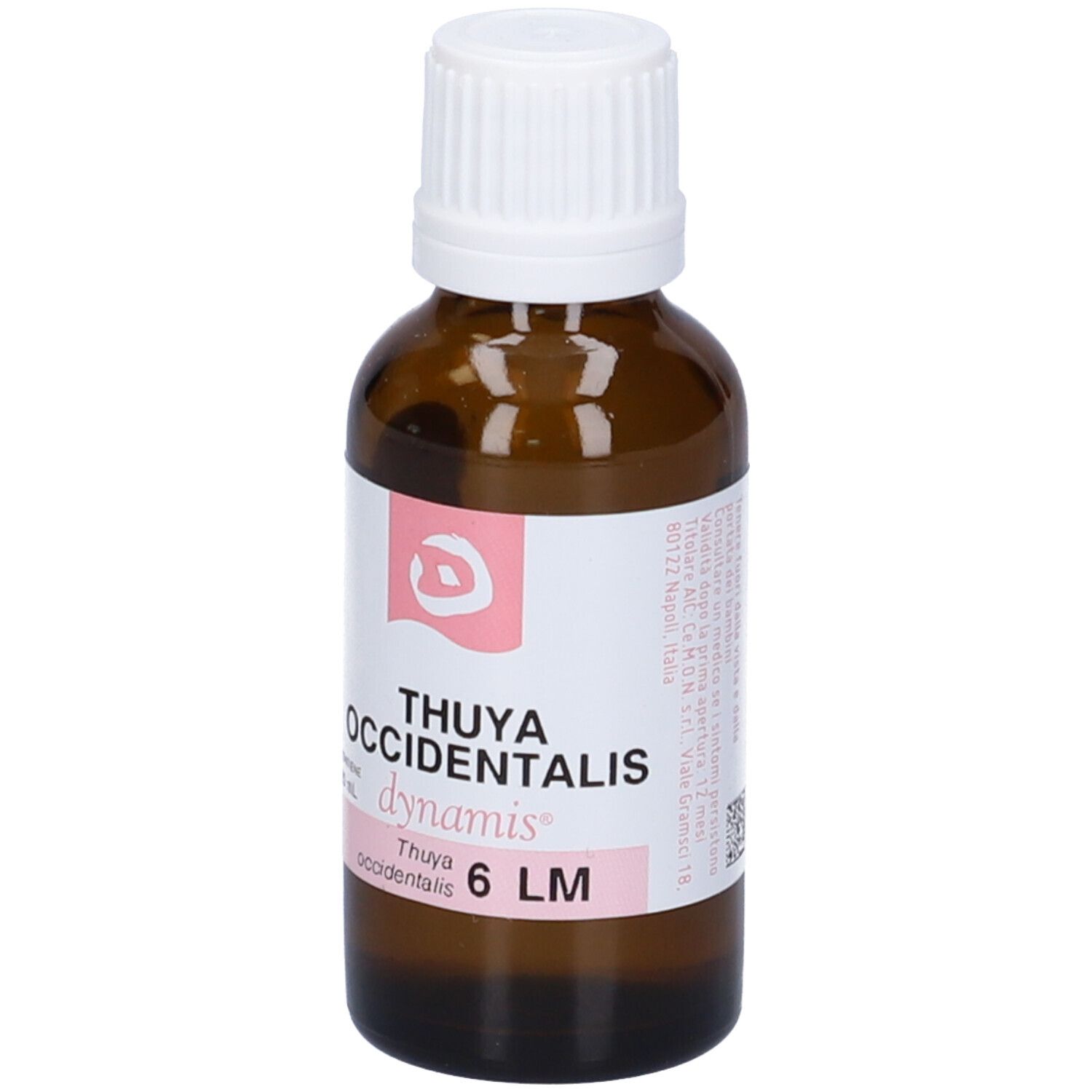 Flacone in vetro marrone con tappo bianco. Etichetta rosa con testo: Thuya occidentalis 6 LM.