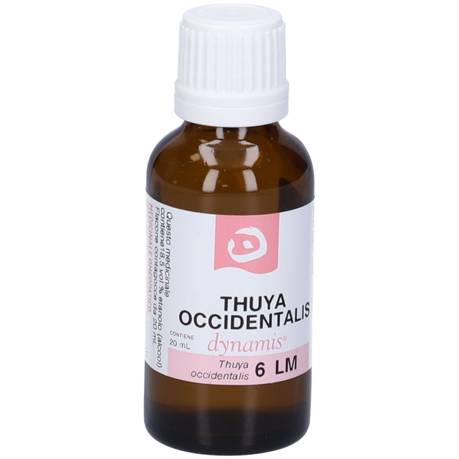 Flacone in vetro marrone con tappo bianco. Etichetta rosa con testo: Thuya occidentalis 6 LM.