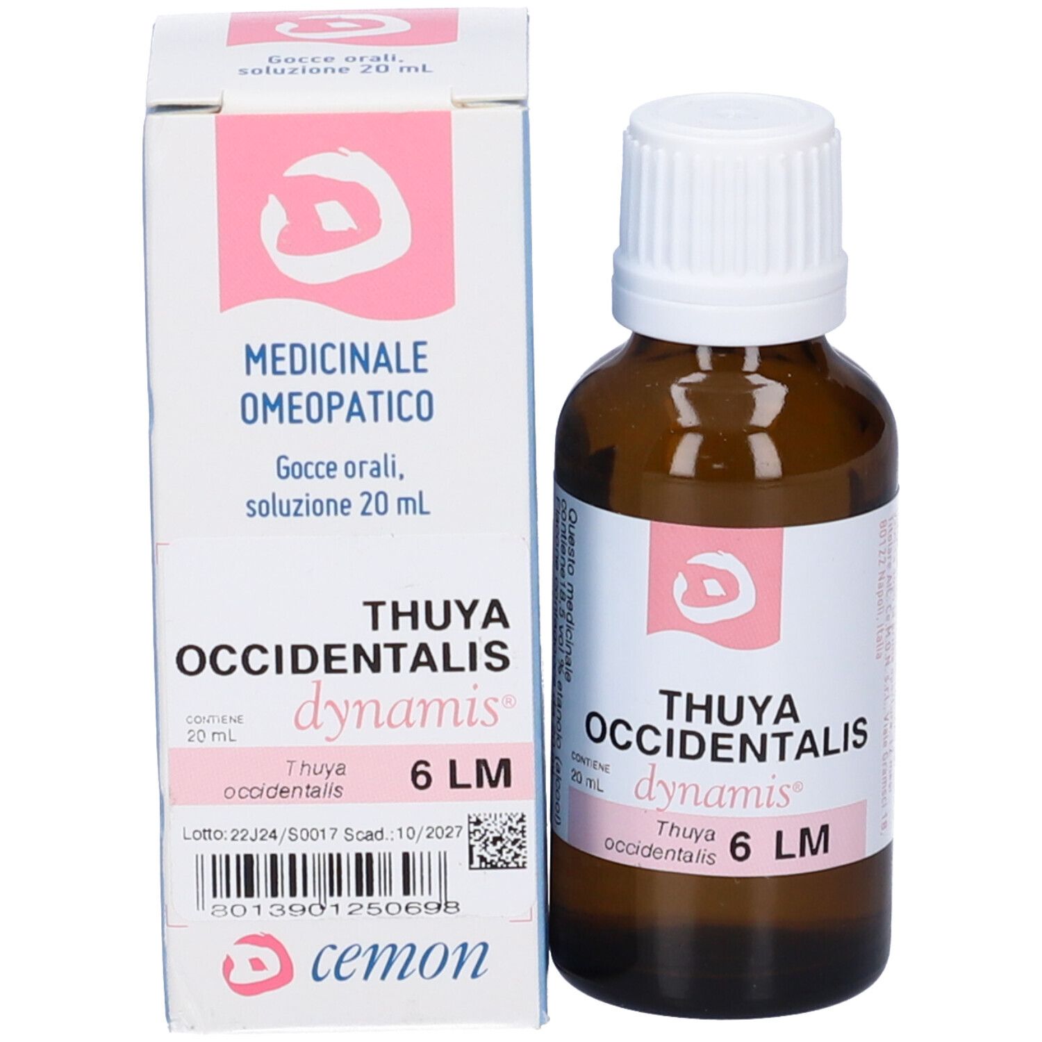 Flacone in vetro marrone e scatola. Scritta: Thuya occidentalis 6 LM, cemon.