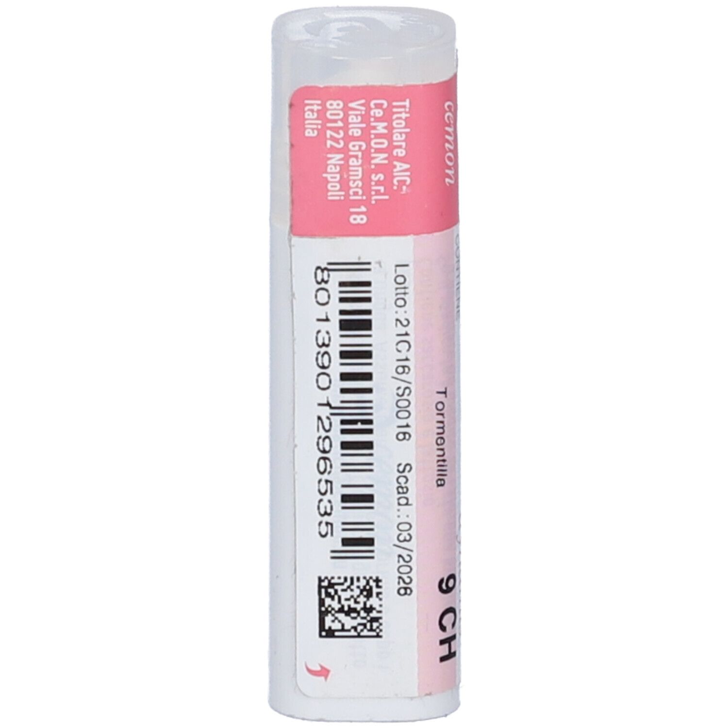 Confezione cilindrica con etichetta rosa e bianca. Scritta: Tormentilla 9 CH, dynamis, cemon. Con codice a barre e informazioni sull'indirizzo.