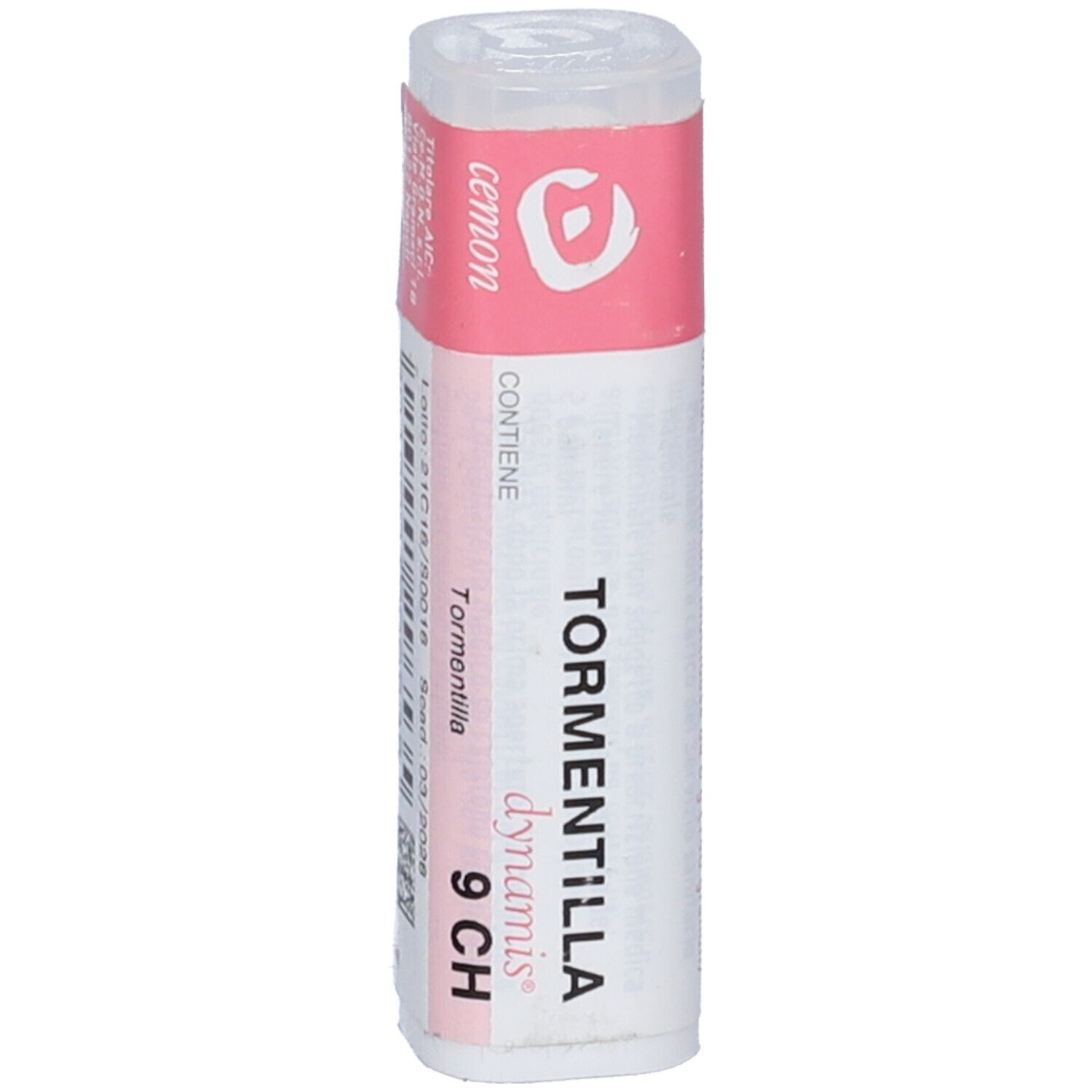 Confezione cilindrica con etichetta rosa e bianca. Scritta: Tormentilla 9 CH, dynamis, cemon.