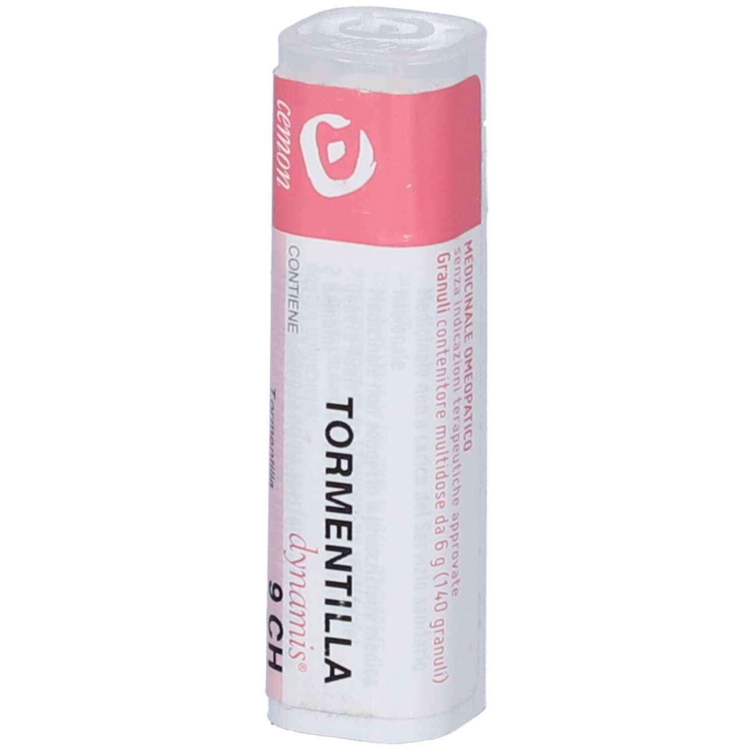 Confezione cilindrica con etichetta rosa e bianca. Scritta: Tormentilla 9 CH, dynamis, cemon. Testo: Medicinale omeopatico.