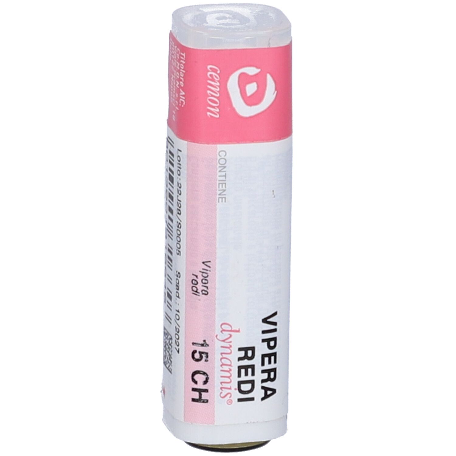 Confezione cilindrica con etichetta rosa e bianca. Scritta: Cemon, Vipera Redi 15 CH.
