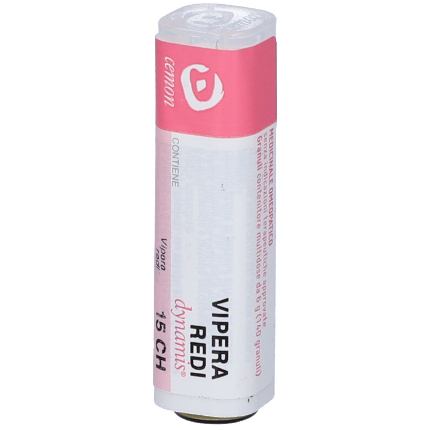 Confezione cilindrica con etichetta rosa e bianca. Scritta: Cemon, Vipera Redi 15 CH.