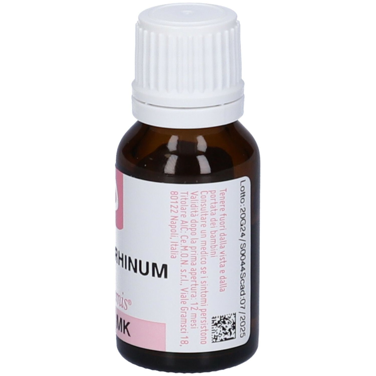 Flacone in vetro marrone con tappo bianco. Etichetta rosa con testo. Contiene Medorrhinum MK.