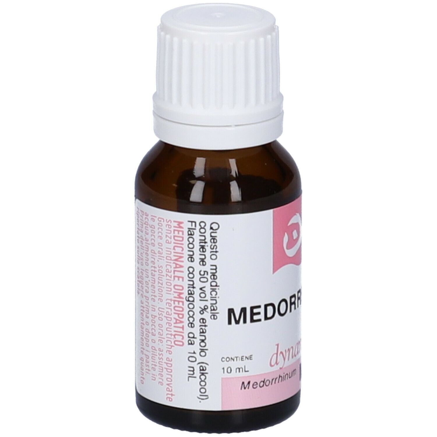 Flacone in vetro marrone con tappo bianco. Etichetta rosa con testo: Medorrhinum, 10 ml.