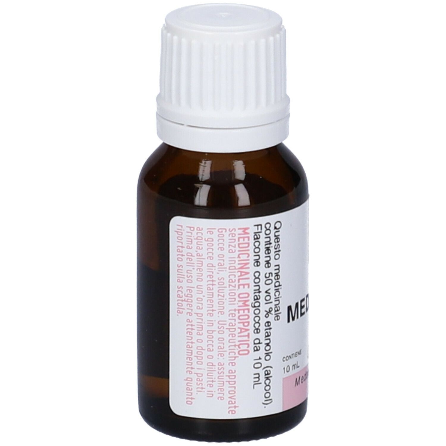 Flacone in vetro marrone con tappo bianco. Etichetta rosa con testo. Contiene 10 ml.