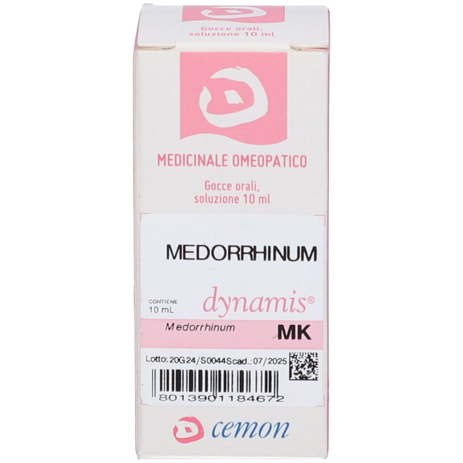 Confezione del prodotto. Rosa e bianca. Testo: Medorrhinum, 10 ml, dynamis, MK.