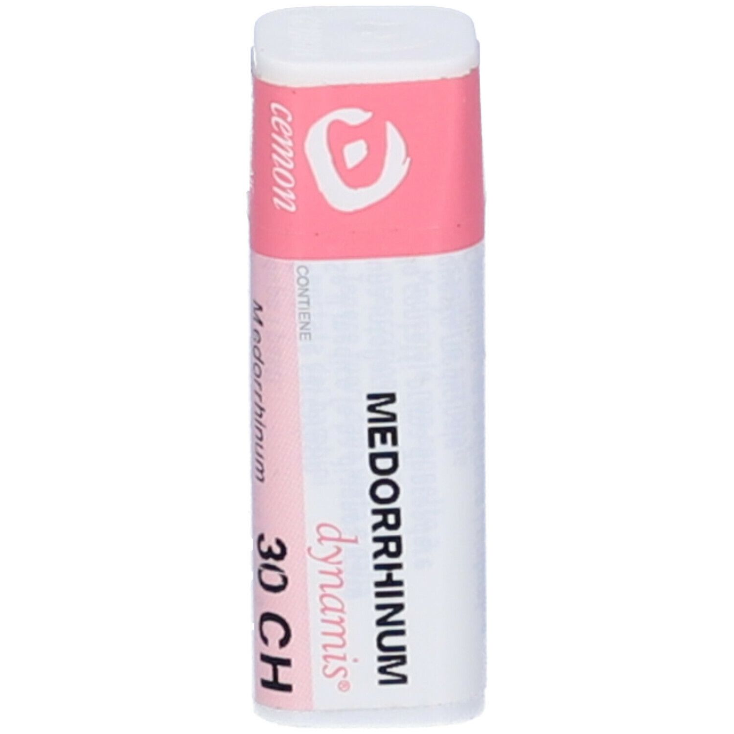 Confezione cilindrica con etichetta rosa e bianca. Scritta: Medorrhinum 30 CH, dynamis.