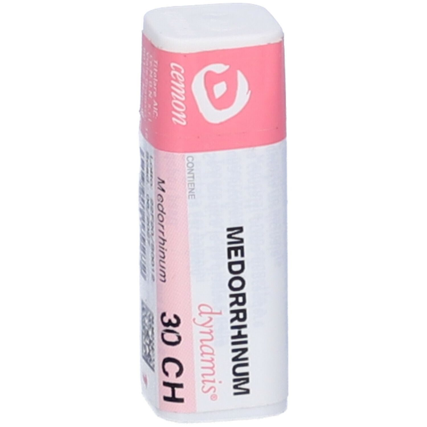 Confezione cilindrica con etichetta rosa e bianca. Scritta: Medorrhinum 30 CH, dynamis.