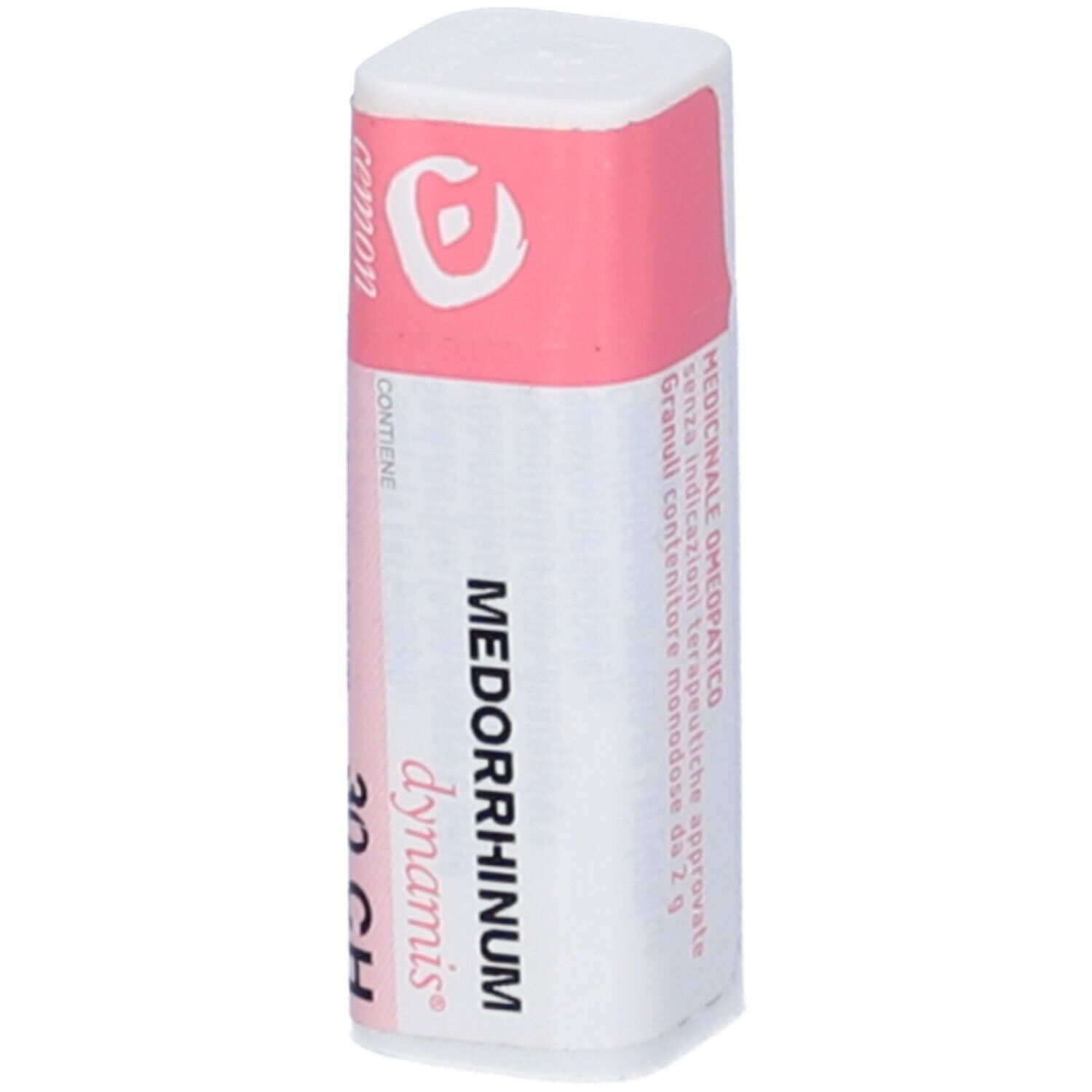 Confezione cilindrica con etichetta rosa e bianca. Scritta: Medorrhinum 30 CH, dynamis, testo.