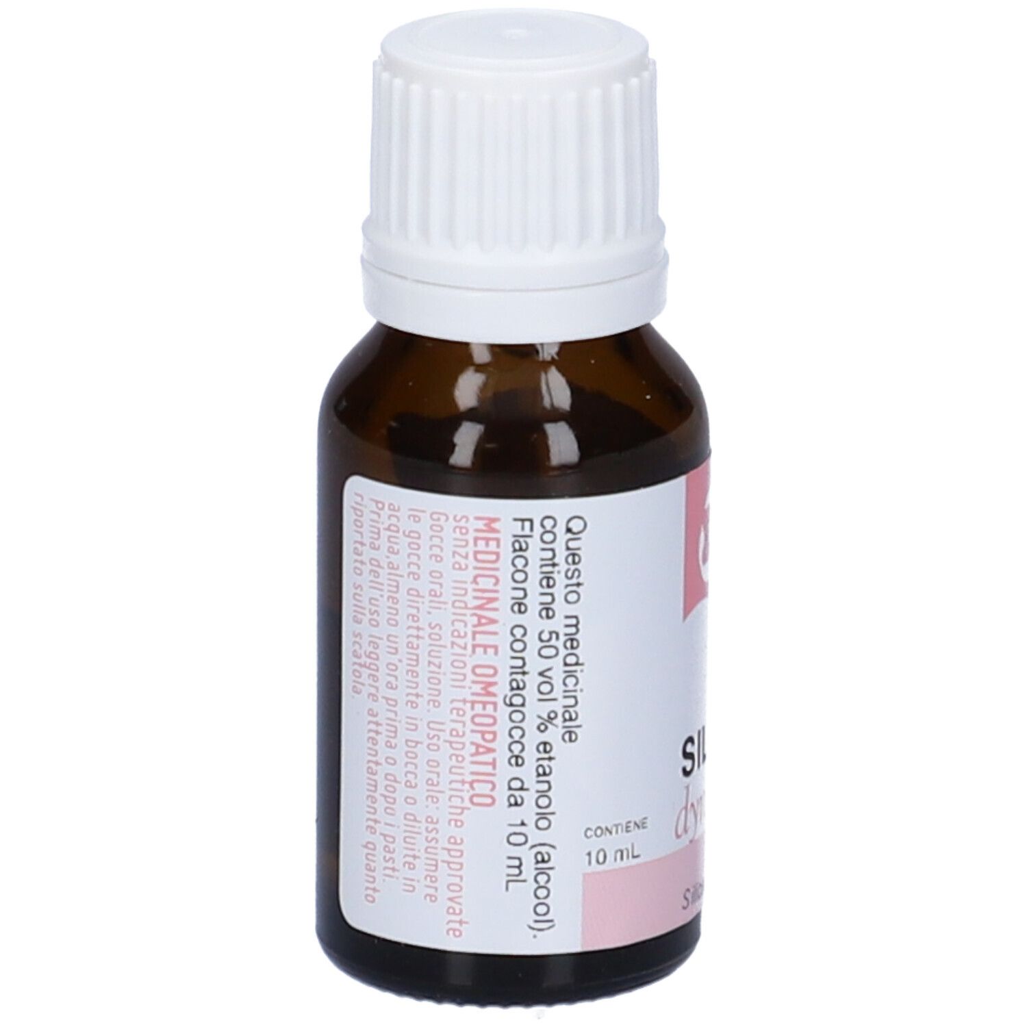 Flacone di vetro marrone con tappo bianco. Etichetta con testo e accenti rosa. Contiene 10 ml.