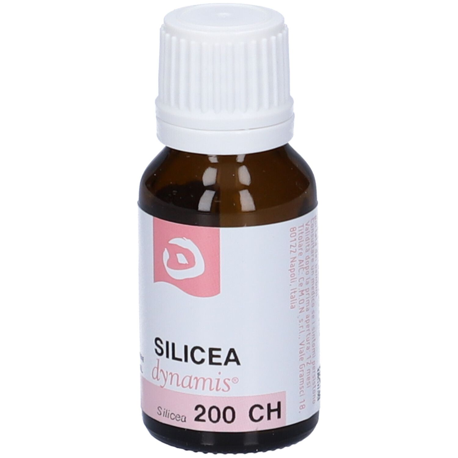 Flacone di vetro marrone con tappo bianco. Etichetta con testo e accenti rosa: Silicea 200 CH.