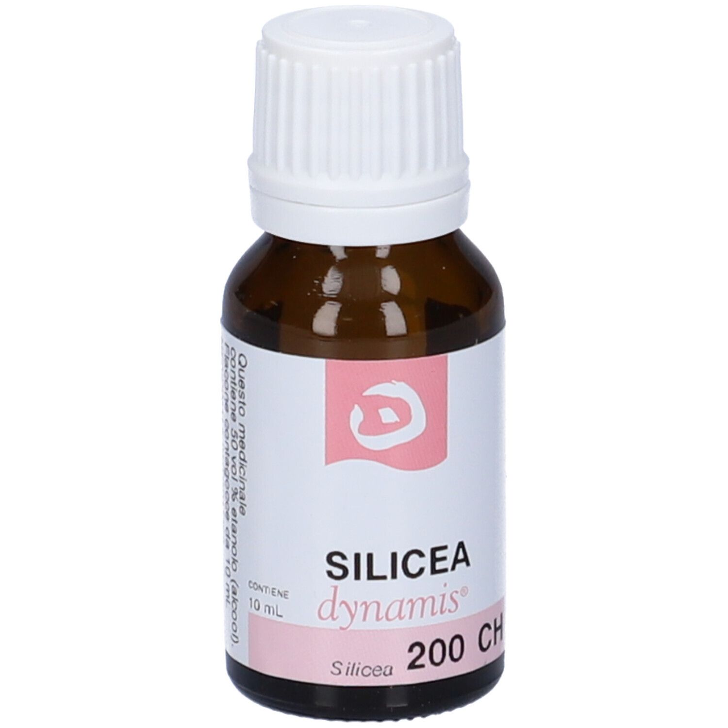Flacone di vetro marrone con tappo bianco. Etichetta con testo e accenti rosa. Contiene 10 ml.