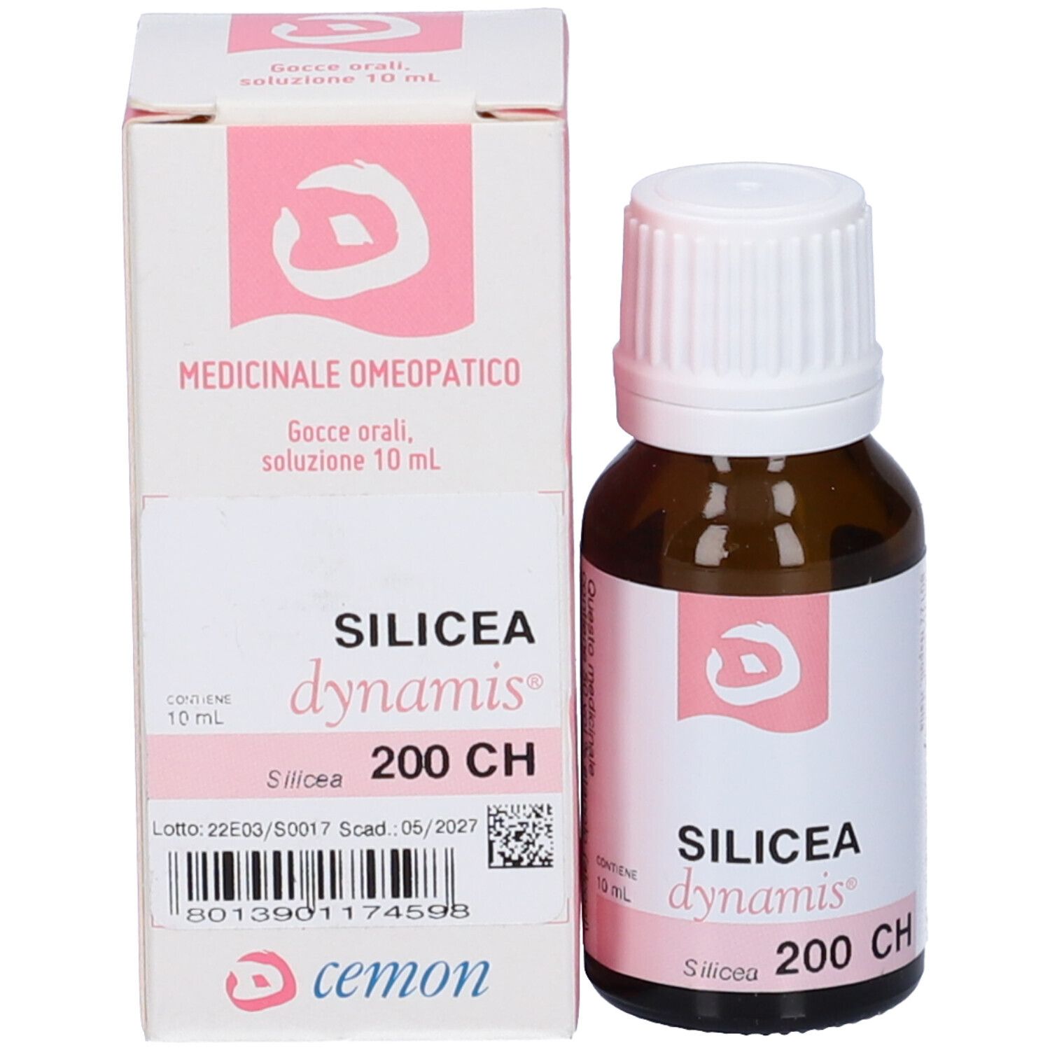 Confezione del prodotto con flacone. Scatola e flacone con etichette e testo. Accenti di colore rosa e bianco.