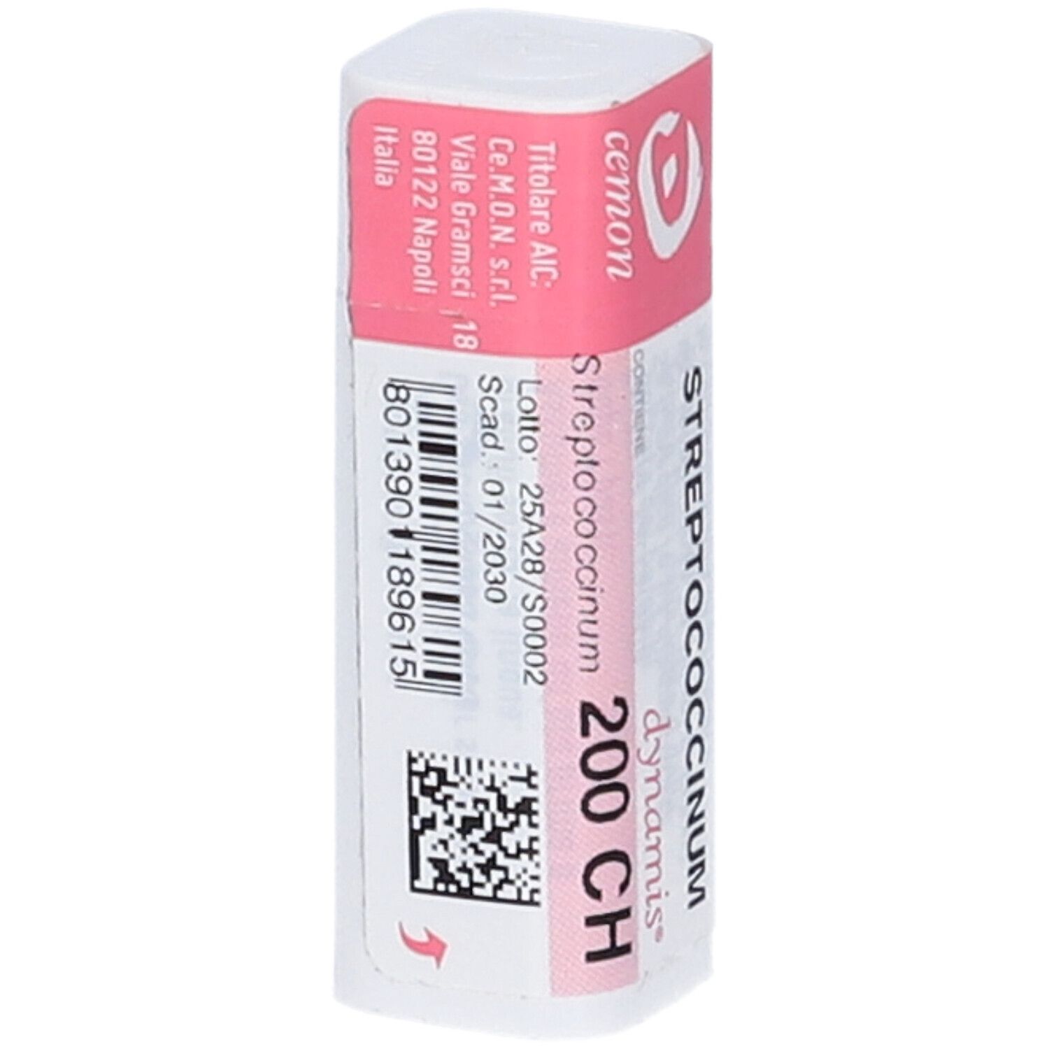 Confezione cilindrica con etichetta rosa e bianca. Scritta: Streptococcinum 200 CH, Cemon. Codice a barre e numero di lotto.