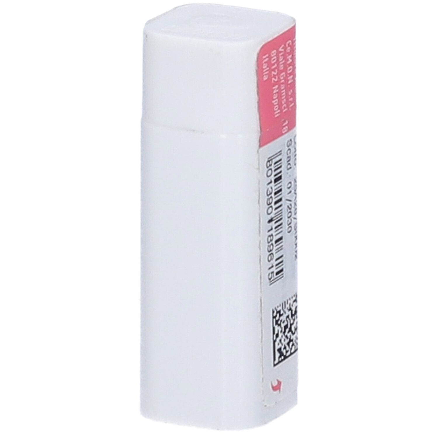 Confezione rettangolare bianca con etichetta rosa. Informazioni stampate e codice a barre. Forma angolare.