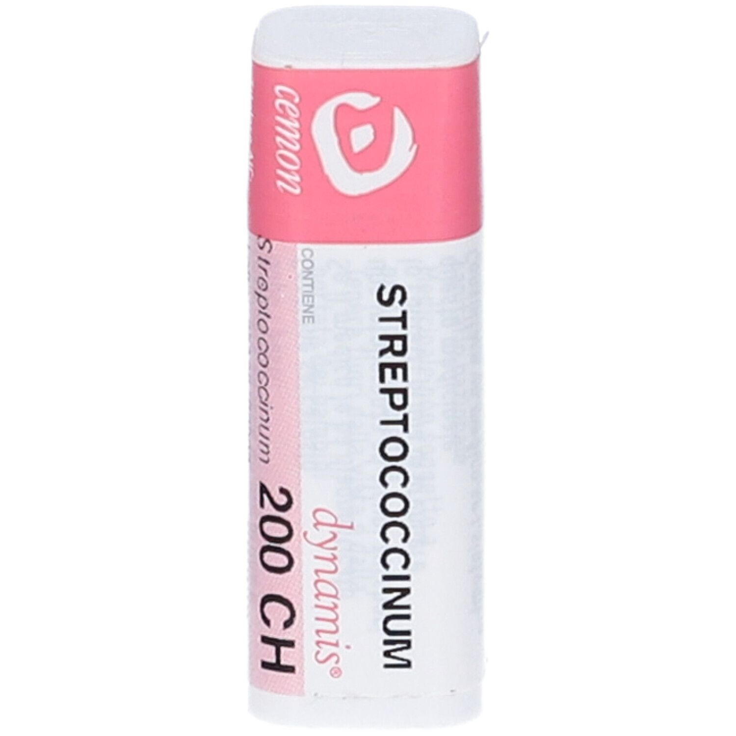 Confezione cilindrica con etichetta rosa e bianca. Scritta: Streptococcinum 200 CH, Cemon. Logo in alto.