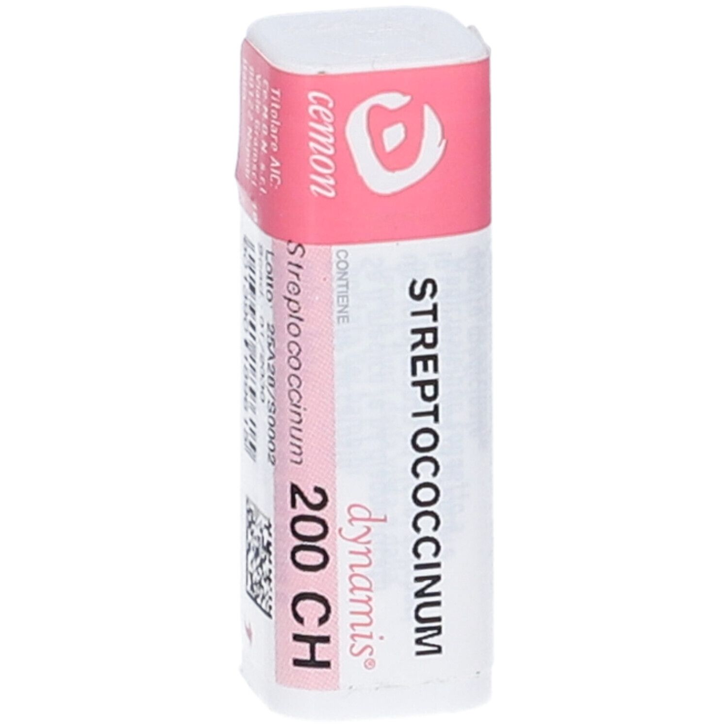 Confezione cilindrica con etichetta rosa e bianca. Scritta: Streptococcinum 200 CH, Cemon. Codice a barre e numero di lotto.