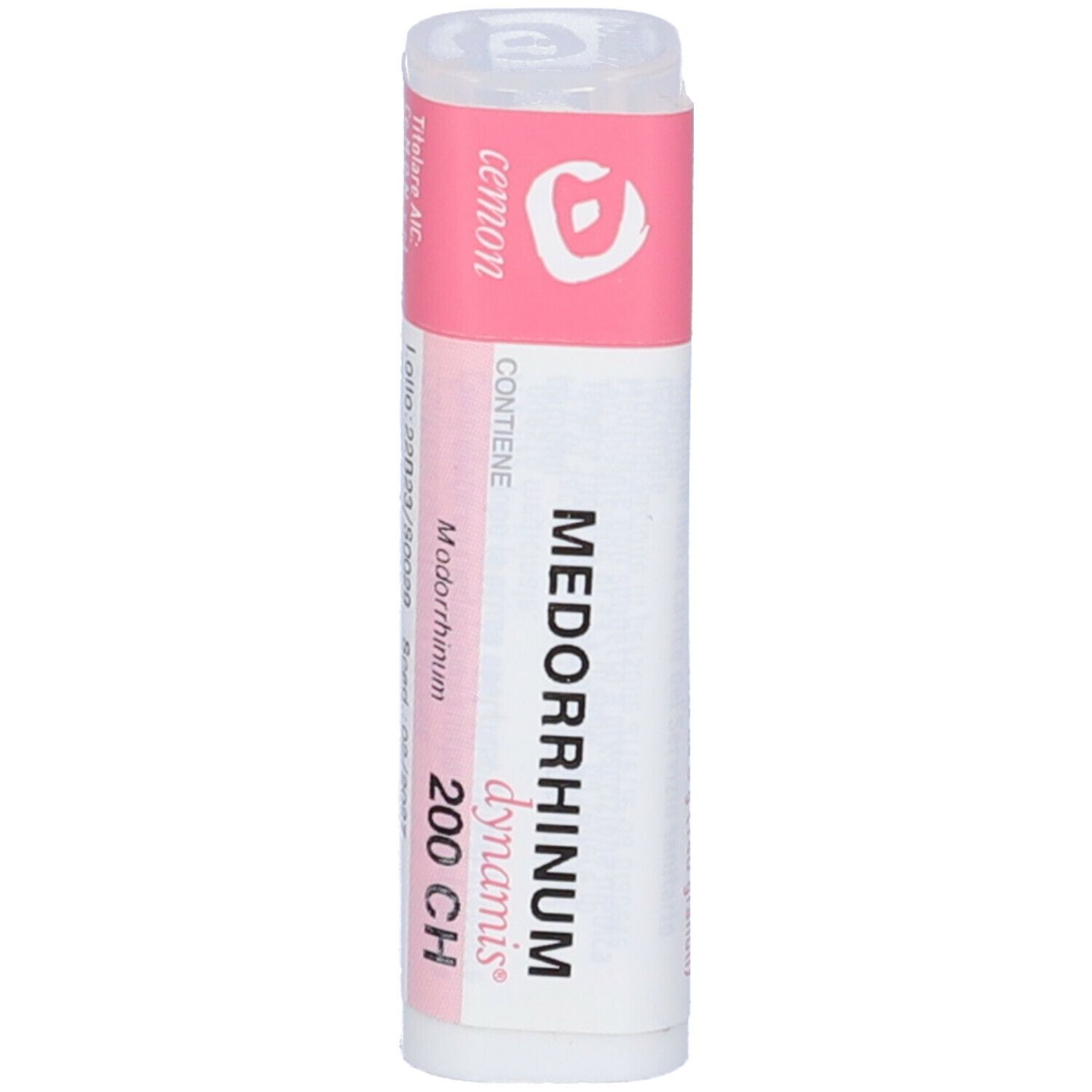 Confezione cilindrica. Etichetta rosa con testo bianco: Medorrhinum 200 CH, dynamis. Coperchio bianco.