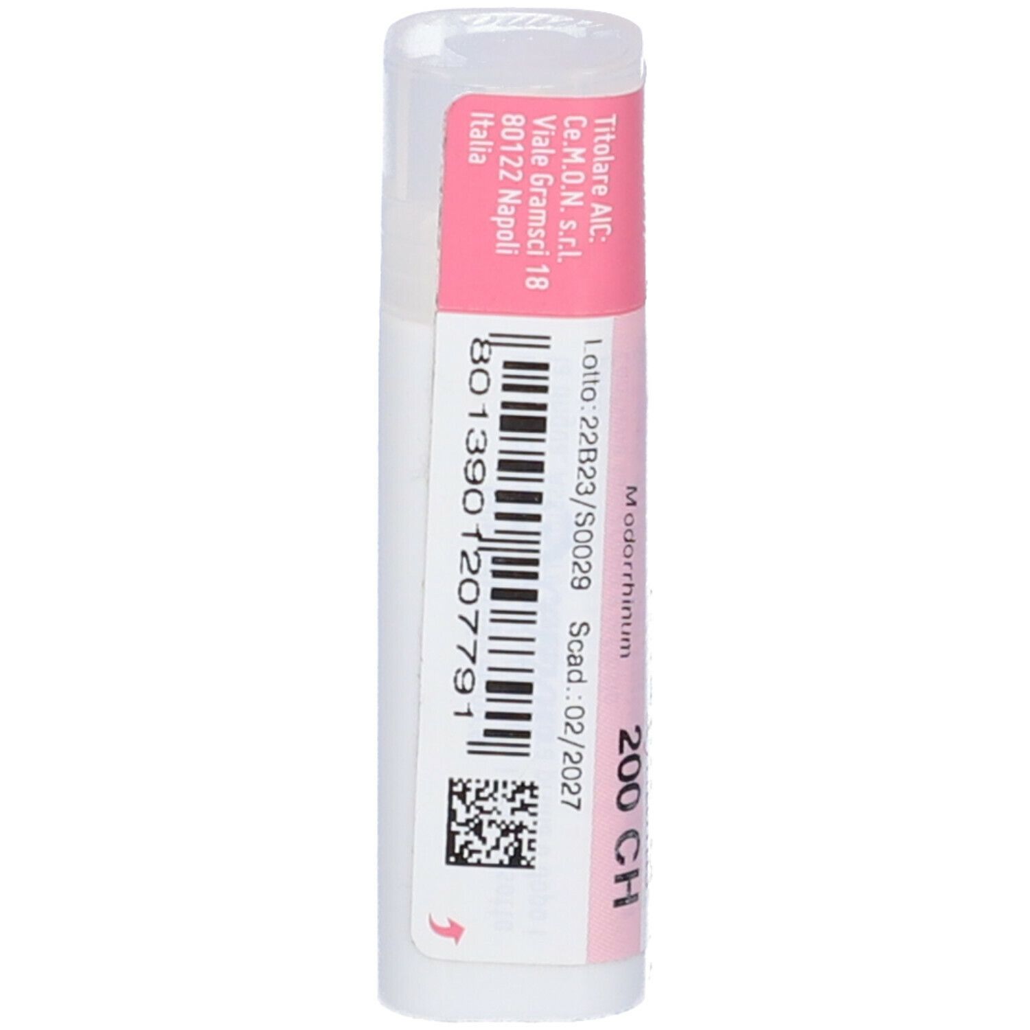 Confezione cilindrica. Etichetta rosa con testo bianco: Medorrhinum 200 CH. Codice a barre e testo.