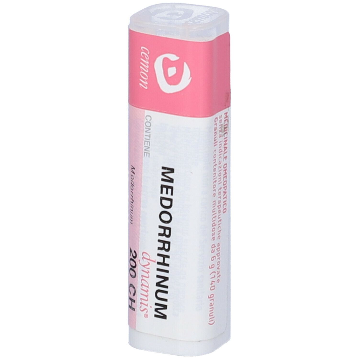 Confezione cilindrica. Etichetta rosa con testo bianco: Medorrhinum 200 CH. Testo e logo.