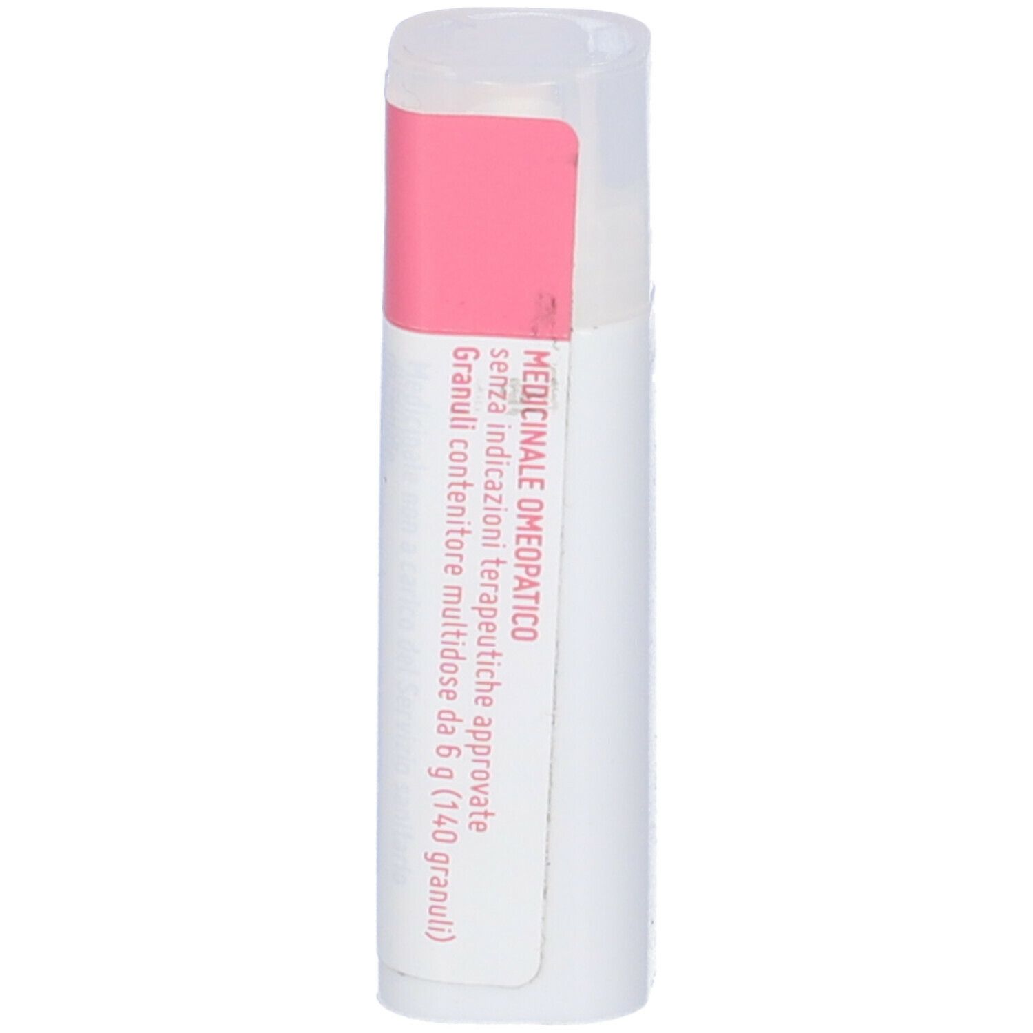 Confezione cilindrica. Etichetta rosa con testo bianco. Testo: MEDICINALE OMEOPATICO.