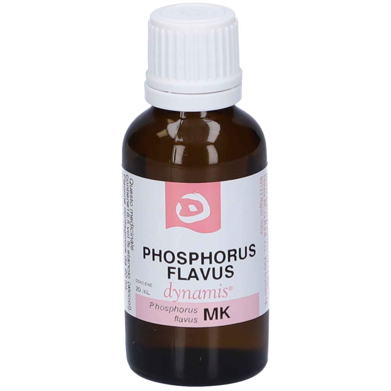 Flacone in vetro marrone con tappo bianco. Etichetta: Phosphorus Flavus MK.