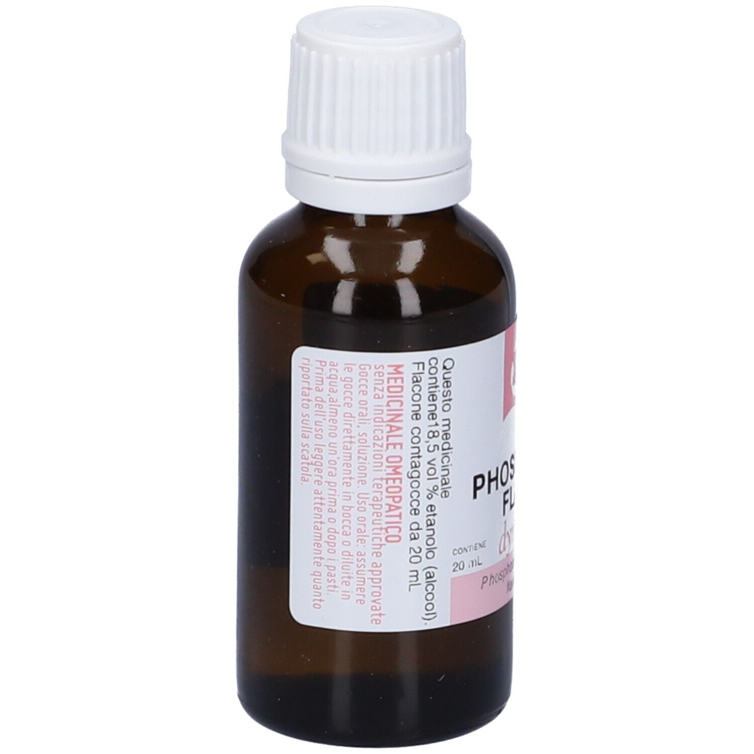 Flacone in vetro marrone con tappo bianco. Etichetta con testo e scritta: Phosphorus Flavus.