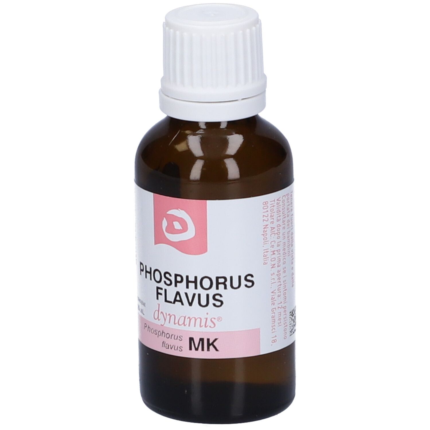 Flacone in vetro marrone con tappo bianco. Etichetta con testo e scritta: Phosphorus Flavus.