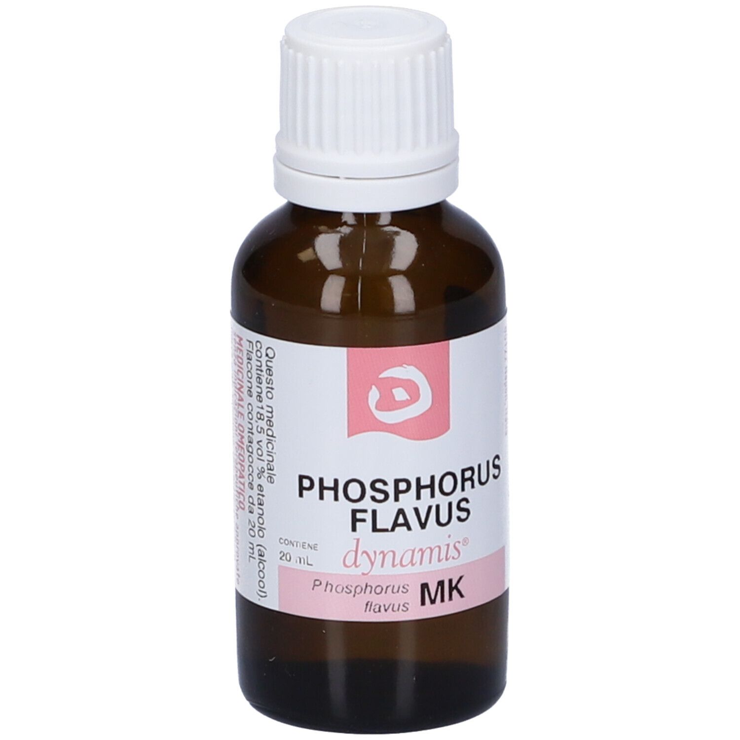 Flacone in vetro marrone con tappo bianco. Etichetta con testo e scritta: Phosphorus Flavus.
