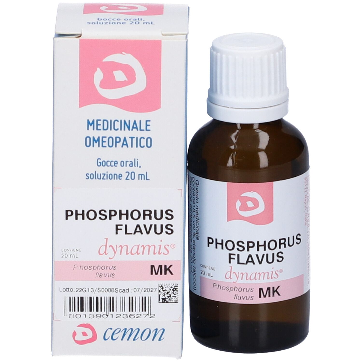 Flacone in vetro marrone e scatola. Scritta: Phosphorus Flavus, dynamis, cemon.
