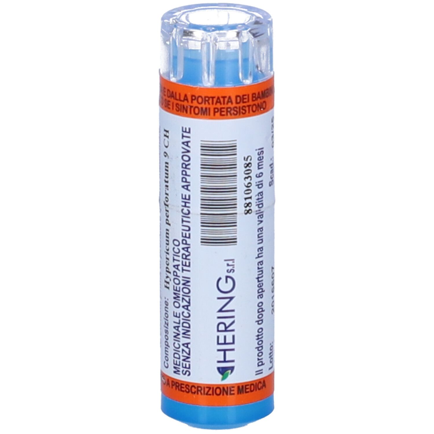 Confezione cilindrica blu con etichette bianche e arancioni. Contiene Hypericum. Mostra il logo Hering e testo.